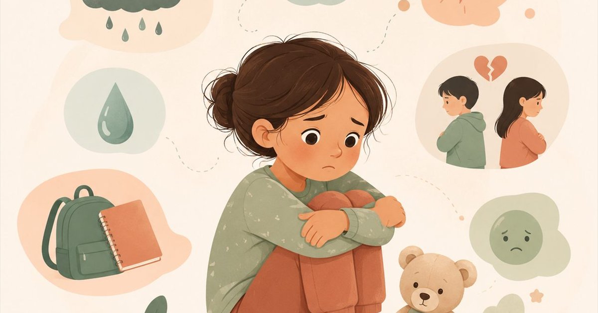 Ilustração de uma criança pensativa cercada por preocupações