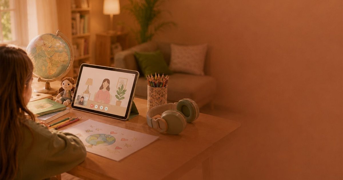 Criança em frente a um tablet com fones de ouvido